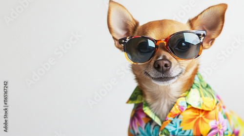 a small dog beams with cuteness in a vibrant Hawaiian shirt, sunglasses perched jauntily on its snout on white studio background. Its relaxed demeanor perfectly matches the bright summer attire. photo