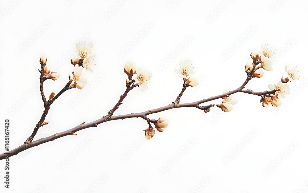Delicate branch with small white blossoms isolated on white background. Delicate branch with small white blossoms isolated on white background.