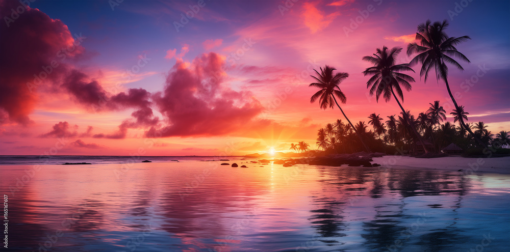 Beautiful tropical beach with palm trees and a sunset sky. The concept of vacation, travel, and summer holiday on a Caribbean island. A banner for background design Beautiful tropical beach with palm trees and a sunset sky. The concept of vacation, travel, and summer holiday on a Caribbean island. A banner for background design