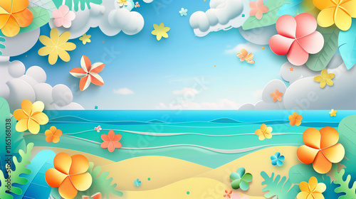 Vibrant Tropical Beach Scene Illustration with Colorful Floral Elements and Clear Blue Sky, Perfect for Summer Themes