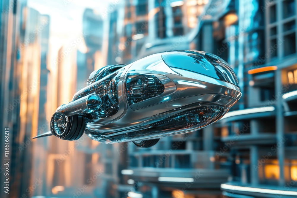 Futuristic flying car soaring above a modern city skyline at sunset. Futuristic flying car soaring above a modern city skyline at sunset.