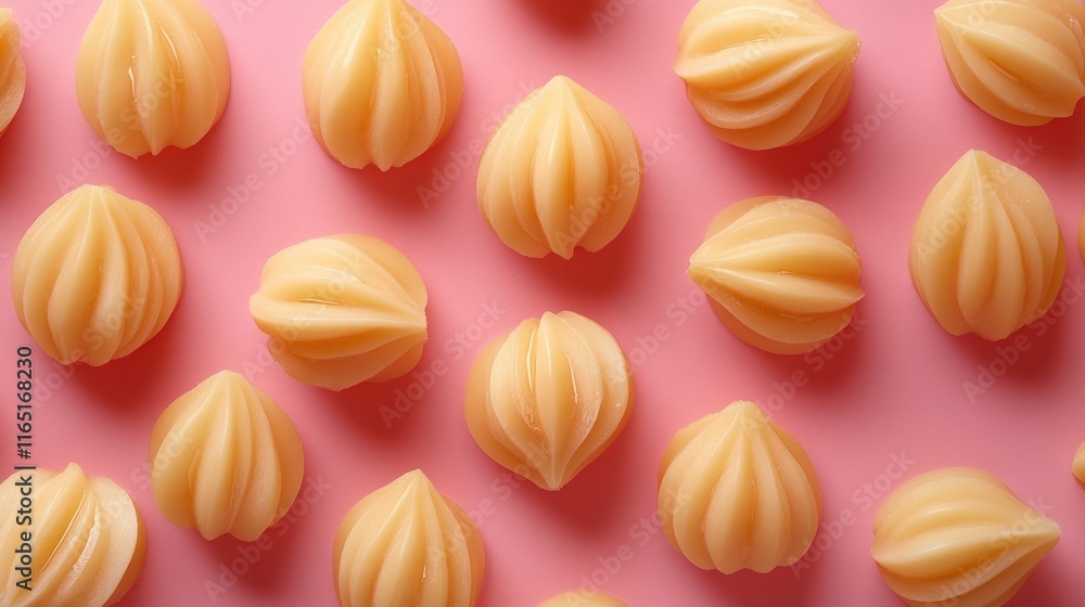 Flat lay of multiple pastel yellow candies arranged on pink background. Flat lay of multiple pastel yellow candies arranged on pink background.