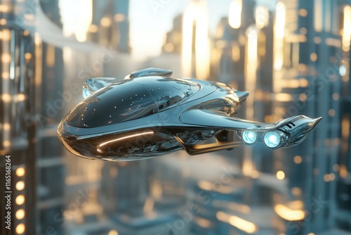 Futuristic silver flying vehicle soaring over a blurred cityscape at sunset.