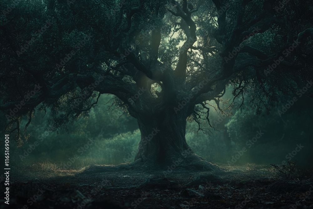 Obraz premium Ancient, gnarled tree stands in a mystical, fog-filled forest, sunlight piercing the canopy.