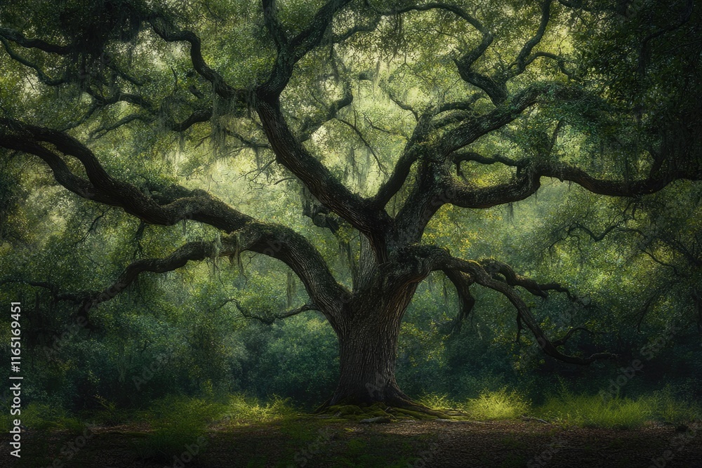 Ancient, moss-draped oak tree stands majestically in a mystical, verdant forest. Ancient, moss-draped oak tree stands majestically in a mystical, verdant forest.