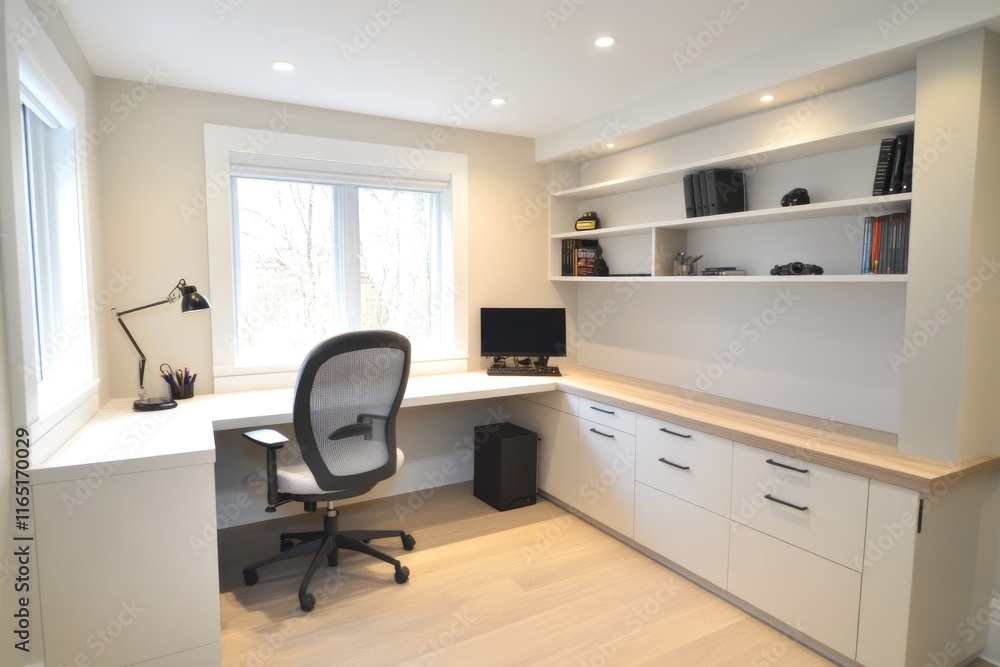 Modern minimalist home office with built-in shelving, L-shaped desk, and natural light. Modern minimalist home office with built-in shelving, L-shaped desk, and natural light.