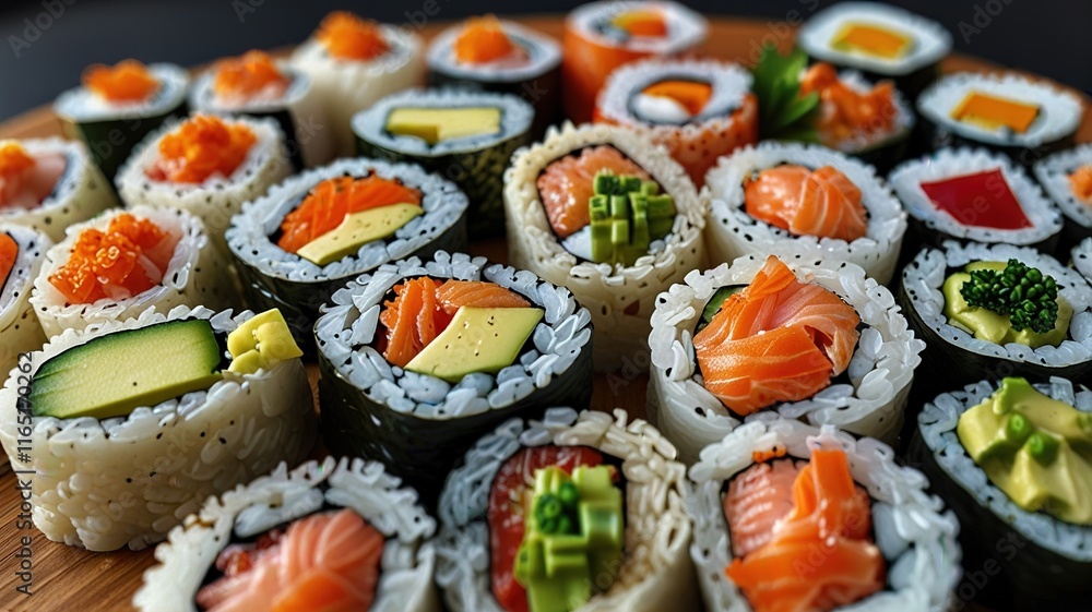 sushi rolls with rice and fish soy sauce on a background sushi rolls with rice and fish soy sauce on a background