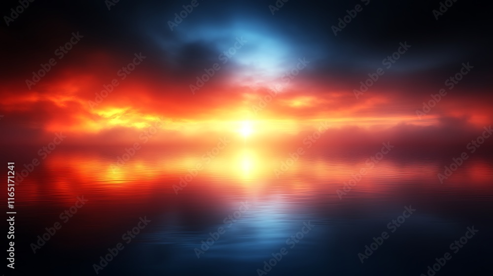 Naklejka premium Fiery Sunset Reflected in Calm Water