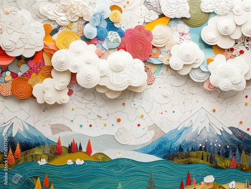 Colorful paper art landscape creation art studio 3d paper art vibrant environment close-up view nature-inspired design photo