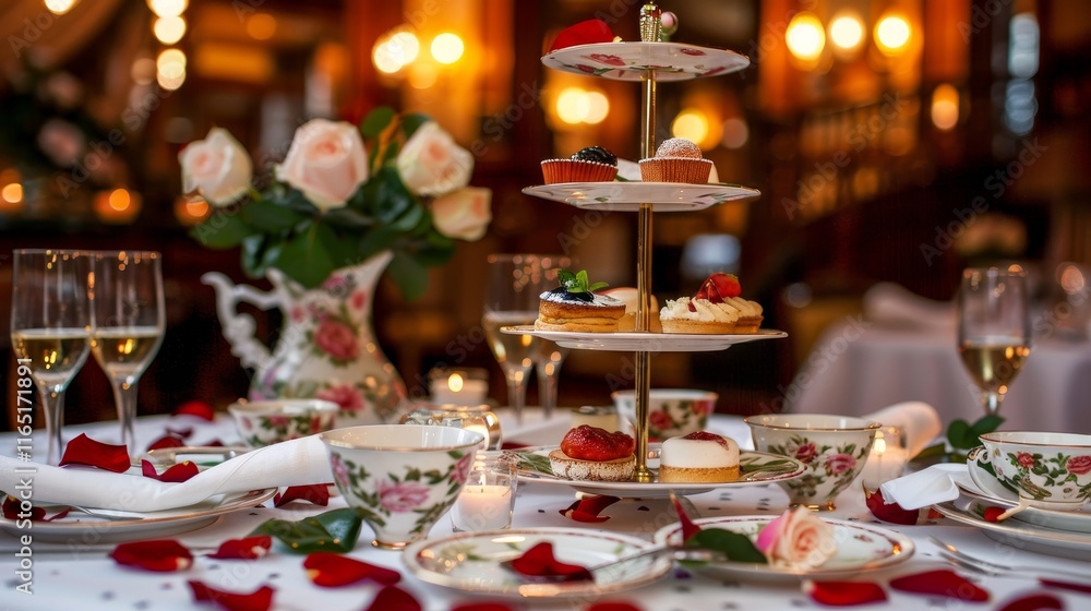 Charming tea setting with cups of tea, desserts, and rose petals under warm, soft lighting Charming tea setting with cups of tea, desserts, and rose petals under warm, soft lighting