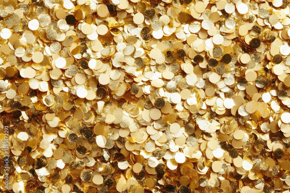 A dense collection of golden circular confetti, creating a luxurious and festive backdrop.