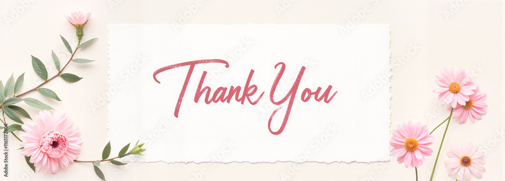 Obraz premium Soft floral thank you card with pink and white flowers