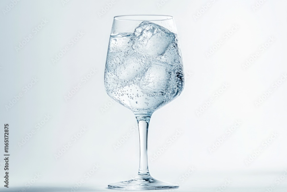 A tall glass filled with sparkling water and ice cubes against a white background. A tall glass filled with sparkling water and ice cubes against a white background.