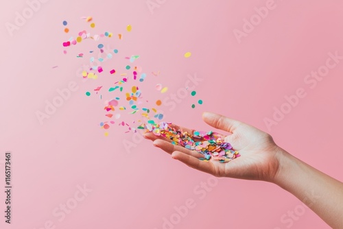 Hand Throwing Colorful Confetti on Pink Background