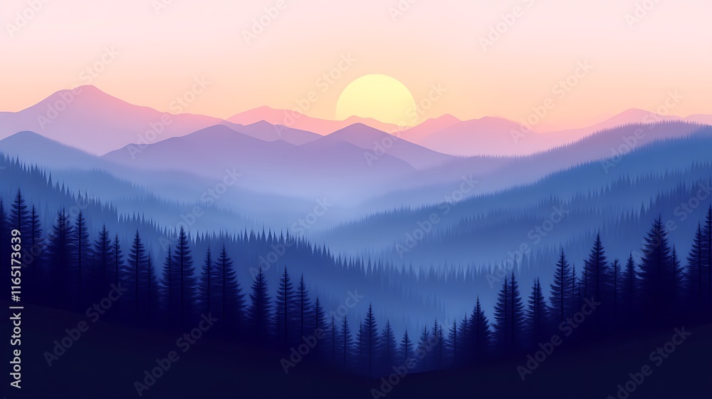 Obraz premium Serene Sunset Over Misty Mountains and Forest