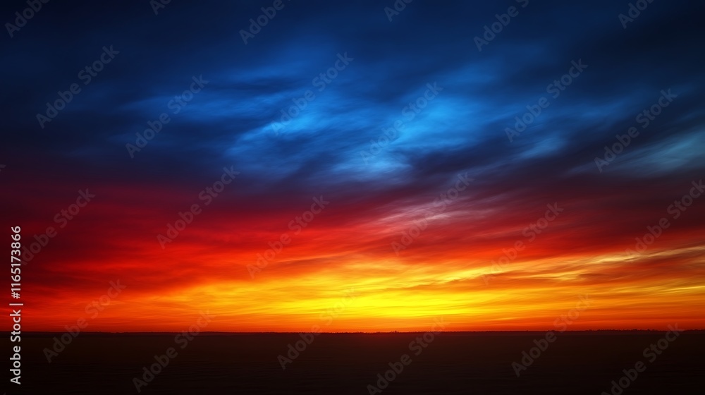 Obraz premium Vibrant Sunset Sky Over Silhouetted Landscape