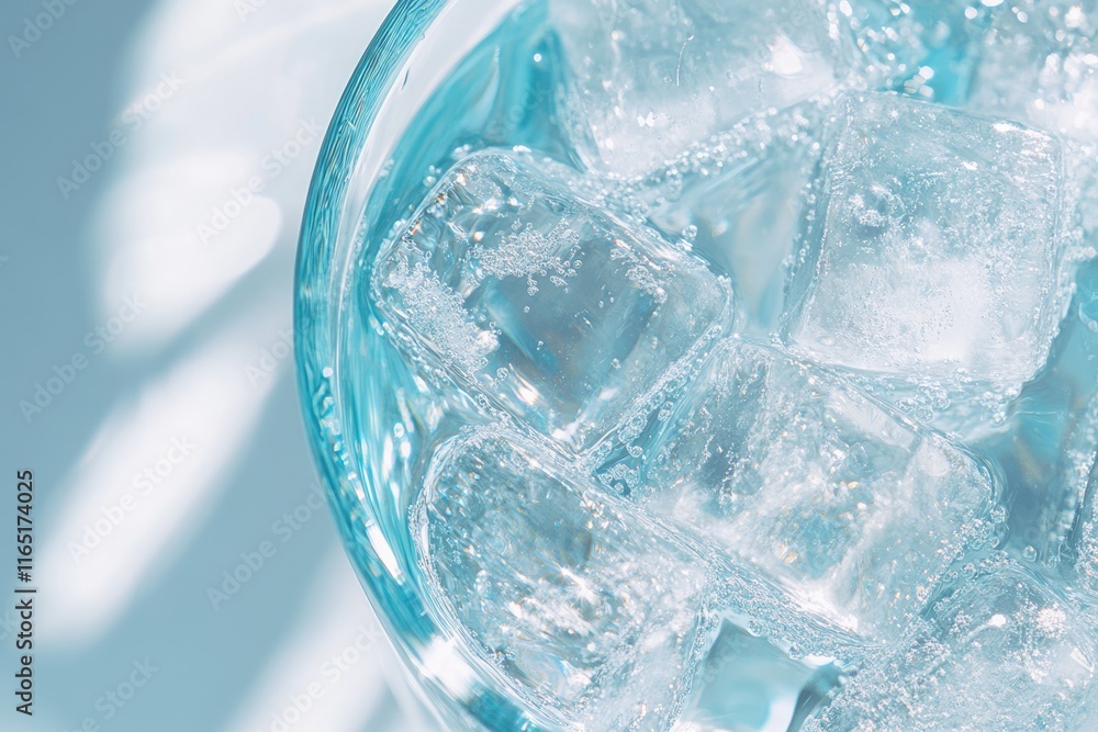Close-up of ice cubes melting in a glass of refreshing blue water. Close-up of ice cubes melting in a glass of refreshing blue water.