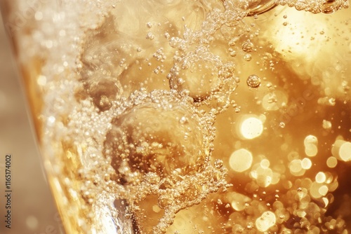 Close-up of golden liquid with effervescence and bokeh, capturing the beauty of bubbles and light. photo