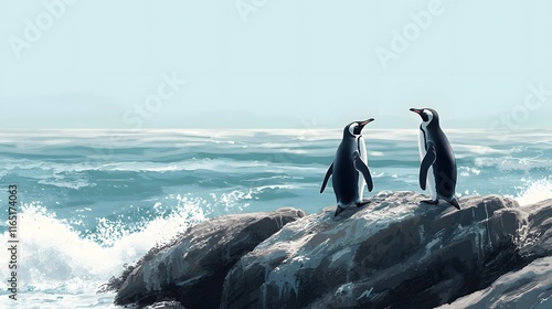 Two Penguins on Rocks by the Ocean Waves photo