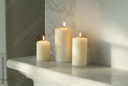 Wallpaper Mural Three lit cylindrical candles on a marble surface, creating a serene and calming ambiance. Torontodigital.ca