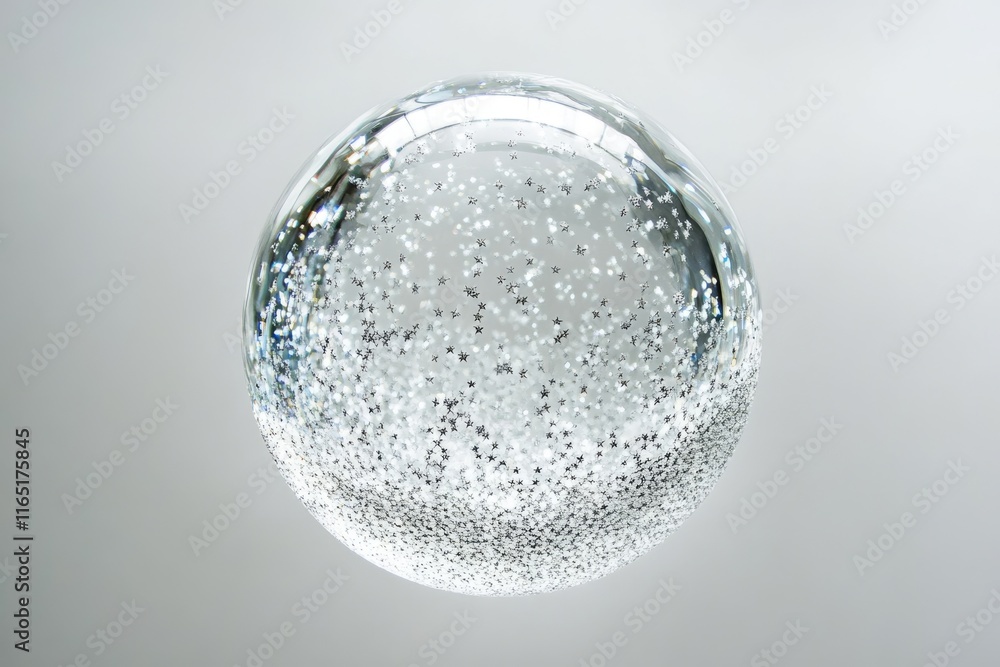 A transparent glass sphere filled with tiny silver stars, creating a mesmerizing celestial effect. A transparent glass sphere filled with tiny silver stars, creating a mesmerizing celestial effect.