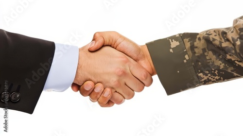 A handshake symbolizing unity and respect between a military officer and a civilian. Represents trust, cooperation, partnership, and mutual understanding in a formal, professional background.