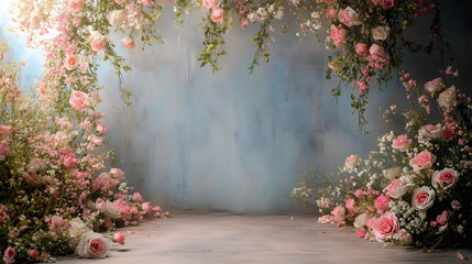Maternity backdrop, wedding backdrop, photography background with arch of delicate flowers and vintage wall.
