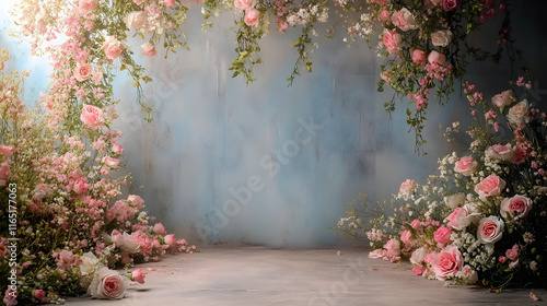 Maternity backdrop, wedding backdrop, photography background with arch of delicate flowers and vintage wall.