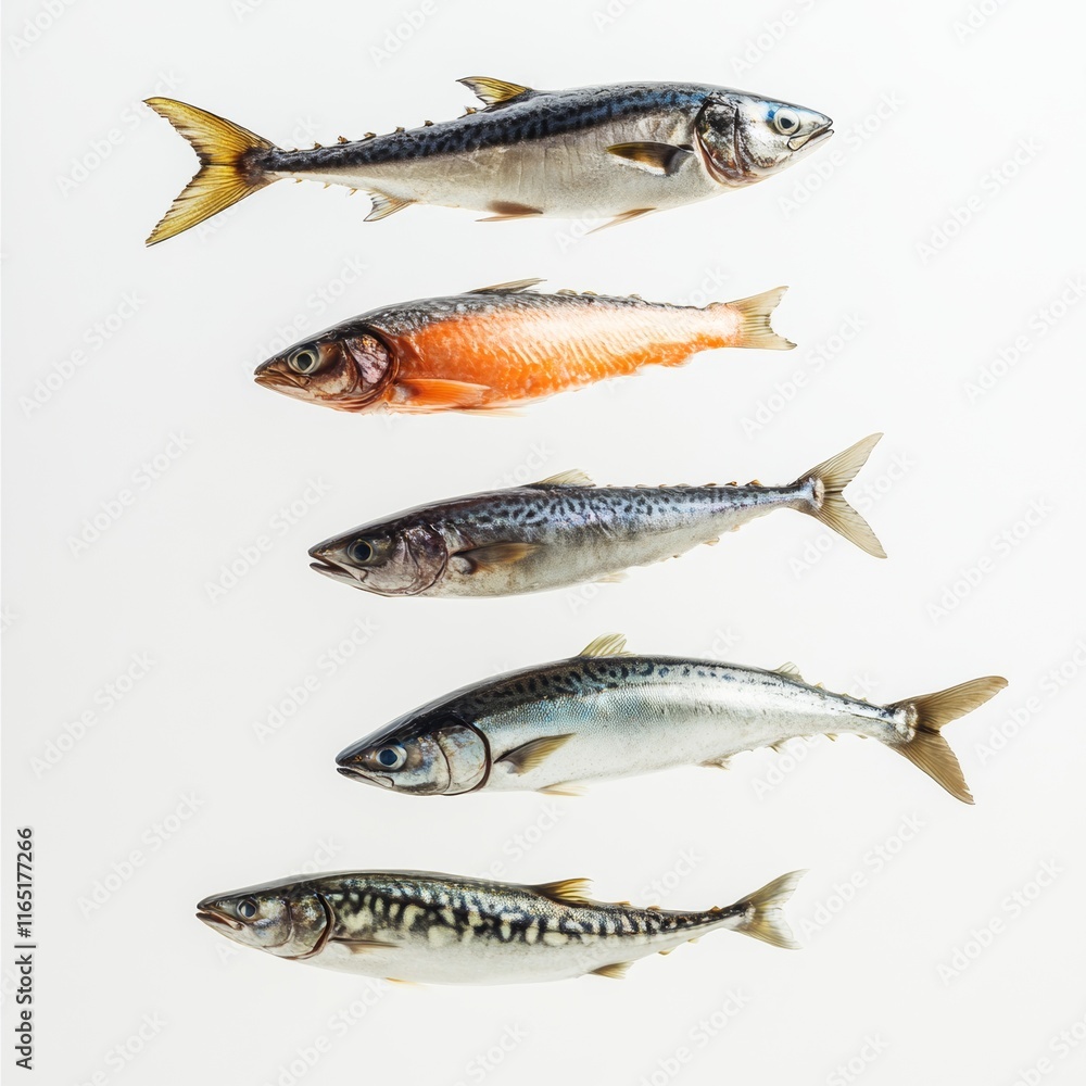Five Mackerel Fish in a Row on White Background