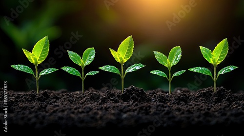 Row of five seedlings with leaves.