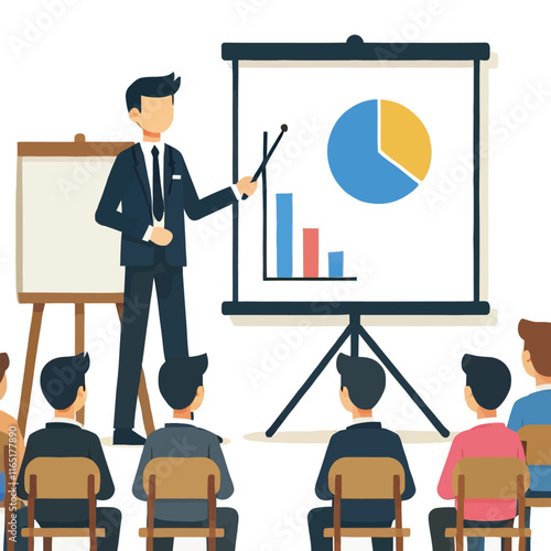 cartoon of a person giving a presentation with graphics to an audience