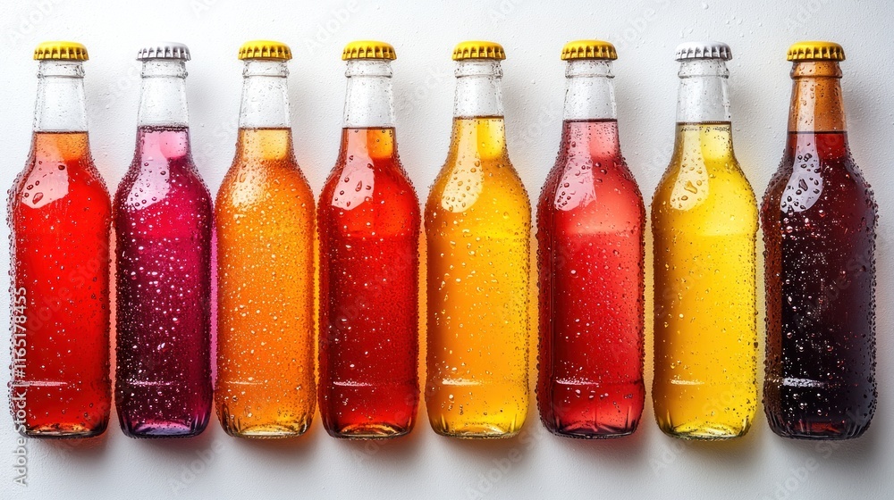 Colorful glass bottles of soda, drinks, beverages, arranged in a row on a white background. Colorful glass bottles of soda, drinks, beverages, arranged in a row on a white background.