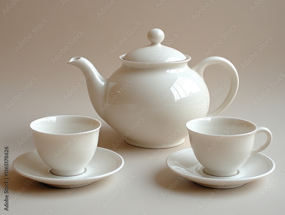 Elegant white teapot and two teacups with saucers on a beige background. Elegant white teapot and two teacups with saucers on a beige background.