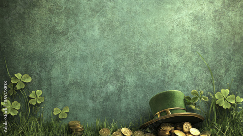Wallpaper Mural inviting display of St. Patrick hat and gold coins on green grass Torontodigital.ca