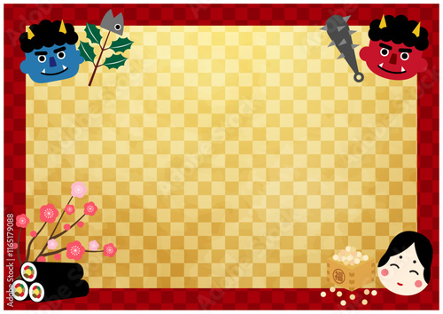 鬼とおたふくと恵方巻と福豆の節分背景5