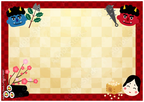 鬼とおたふくと恵方巻と福豆の節分背景2