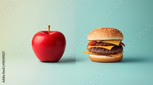 Buerger and apple in red and baby blue background  photo