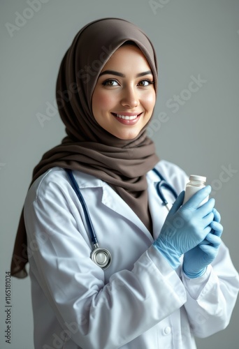Muslim doctor in hijab holding patient paperwork. Suitable for medical, healthcare, diversity, and professional concepts in stock photography.