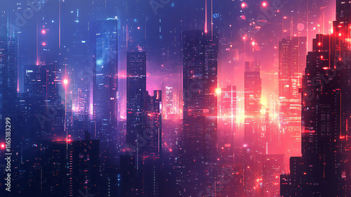  Abstract Cityscape with Gradient Colors and Glowing Highlights for Digital Art, Urban Themes, and High-Tech Inspiration photo