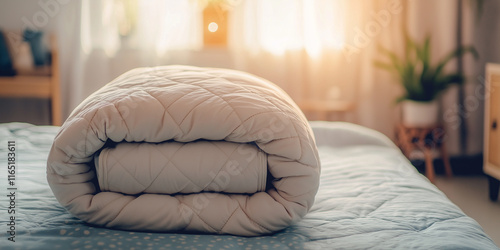 A neatly folded weighted blanket on a bed in a softly lit pastel-toned room