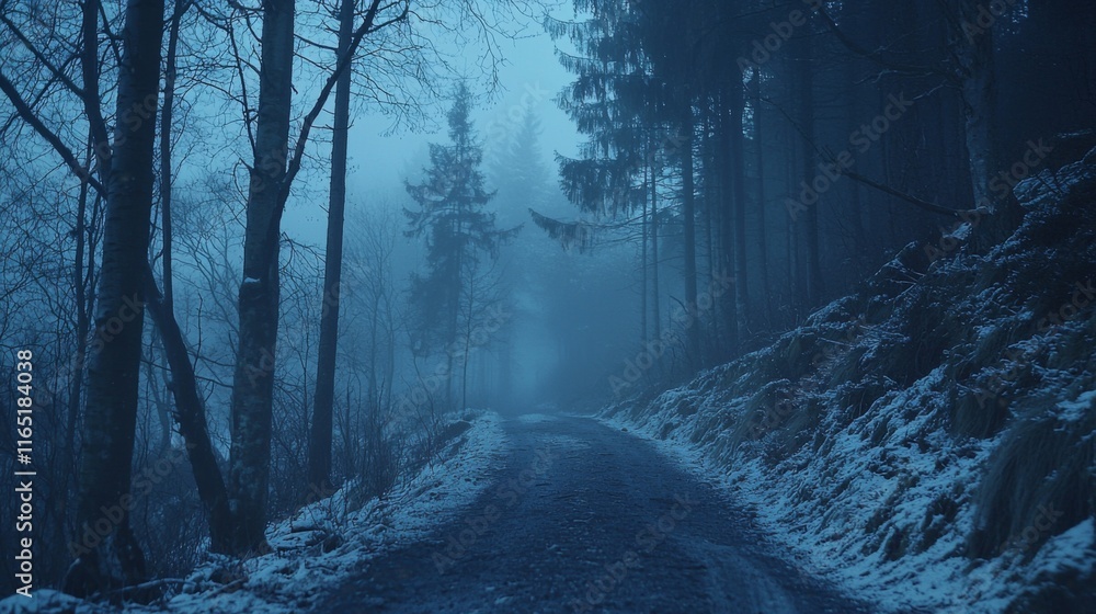 Obraz premium Mystical Winter Forest Path Snowy Road Foggy Trees Blue Hues