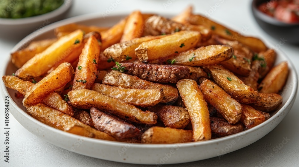 Crispy golden french fries on a plate with dips. Crispy golden french fries on a plate with dips.