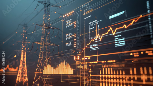 Futuristic Overlay of Power Grid Towers and Data Analytics, Showcasing Renewable Energy Trends, Smart Grid Technology, and Electricity Market Insights photo