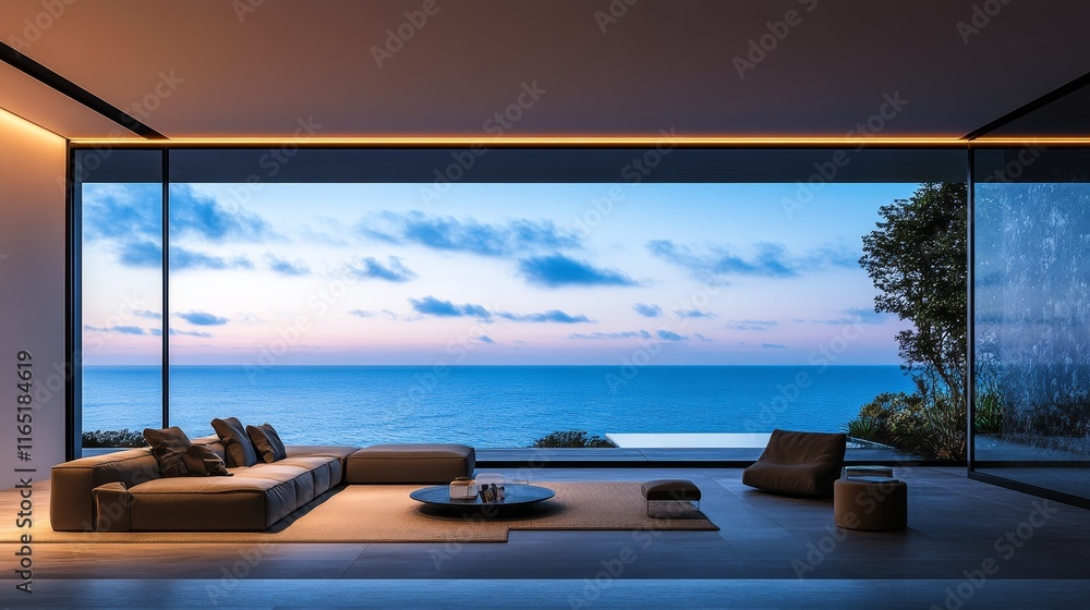 Fototapeta premium Balconi with both of chairs and sea view, modern terrace minimalist