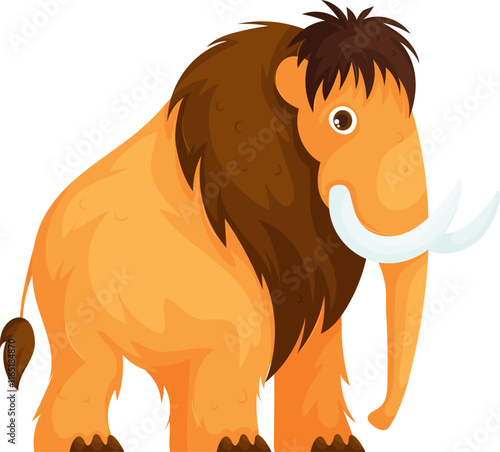 Adorable cartoon woolly mammoth with tusks and shaggy fur, depicted in a cheerful and colorful style on a white background.