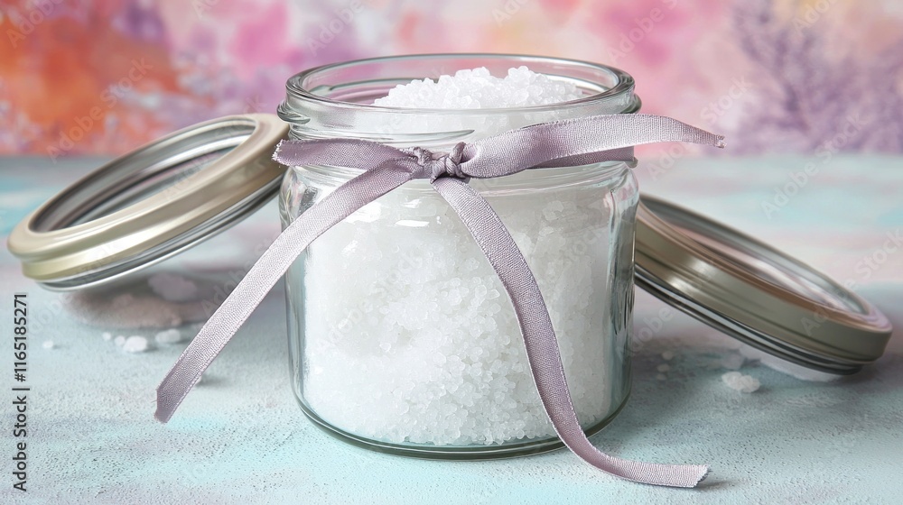 A jar of white salt tied with a ribbon, set against a colorful background. A jar of white salt tied with a ribbon, set against a colorful background.