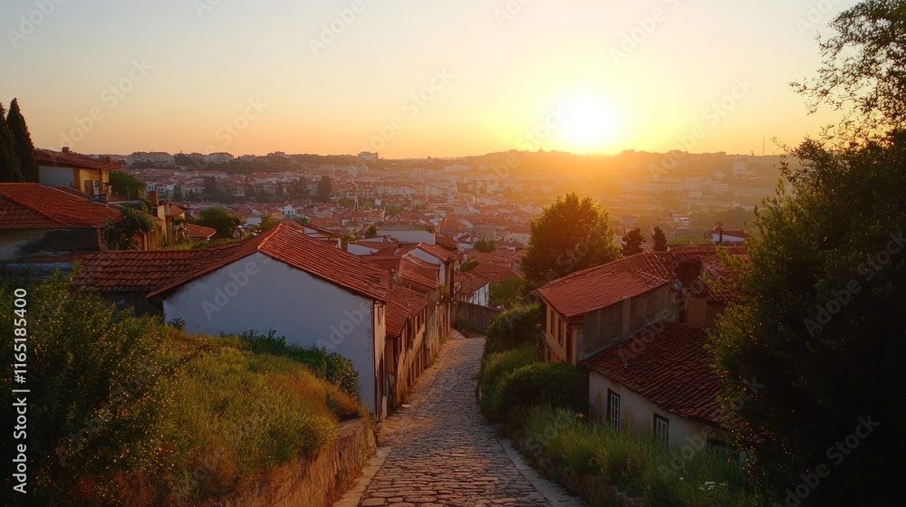 Sunset view over a hillside town with cobblestone streets and terracotta rooftops. Sunset view over a hillside town with cobblestone streets and terracotta rooftops.