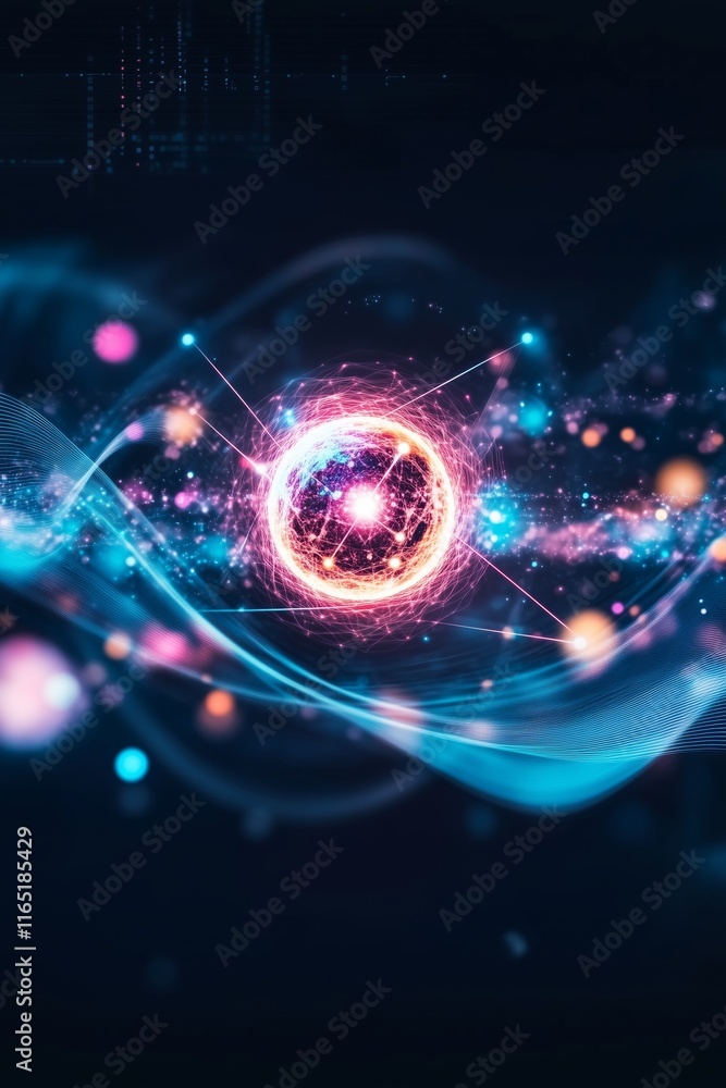 Glowing energy core surrounded by vibrant particles and waves Glowing energy core surrounded by vibrant particles and waves