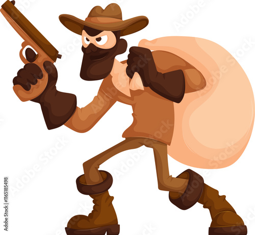 Cartoon illustration of a masked cowboy robber holding a gun and carrying a sack of stolen goods, on a white background.