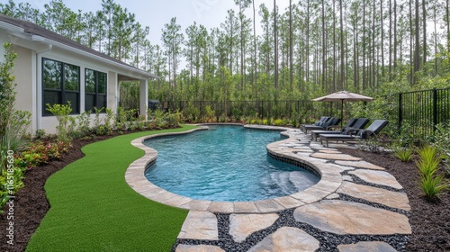 Backyard swimming pool with flagstone patio, artificial turf, and lush landscaping.